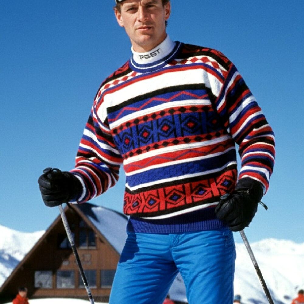 Vintage 90s Ossi Skiwear Sweater Chunky Mixed Knit Red White Blue
